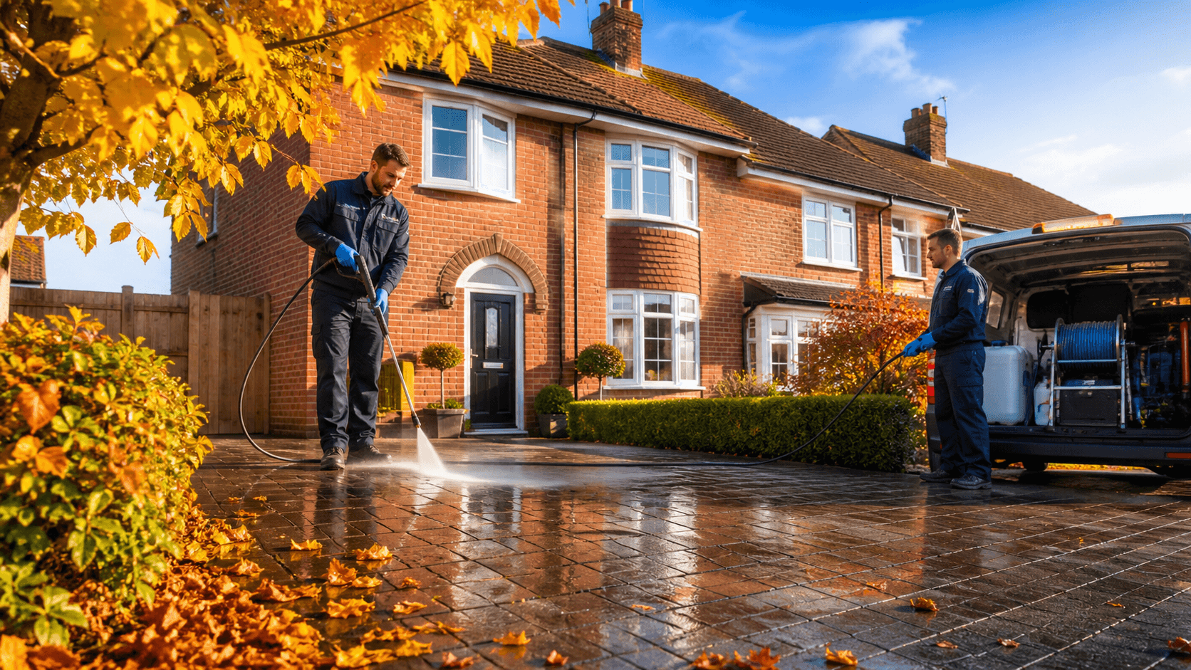 Wet leaves scattered across a sunlit driveway as a pressure washer cleans paving stones.