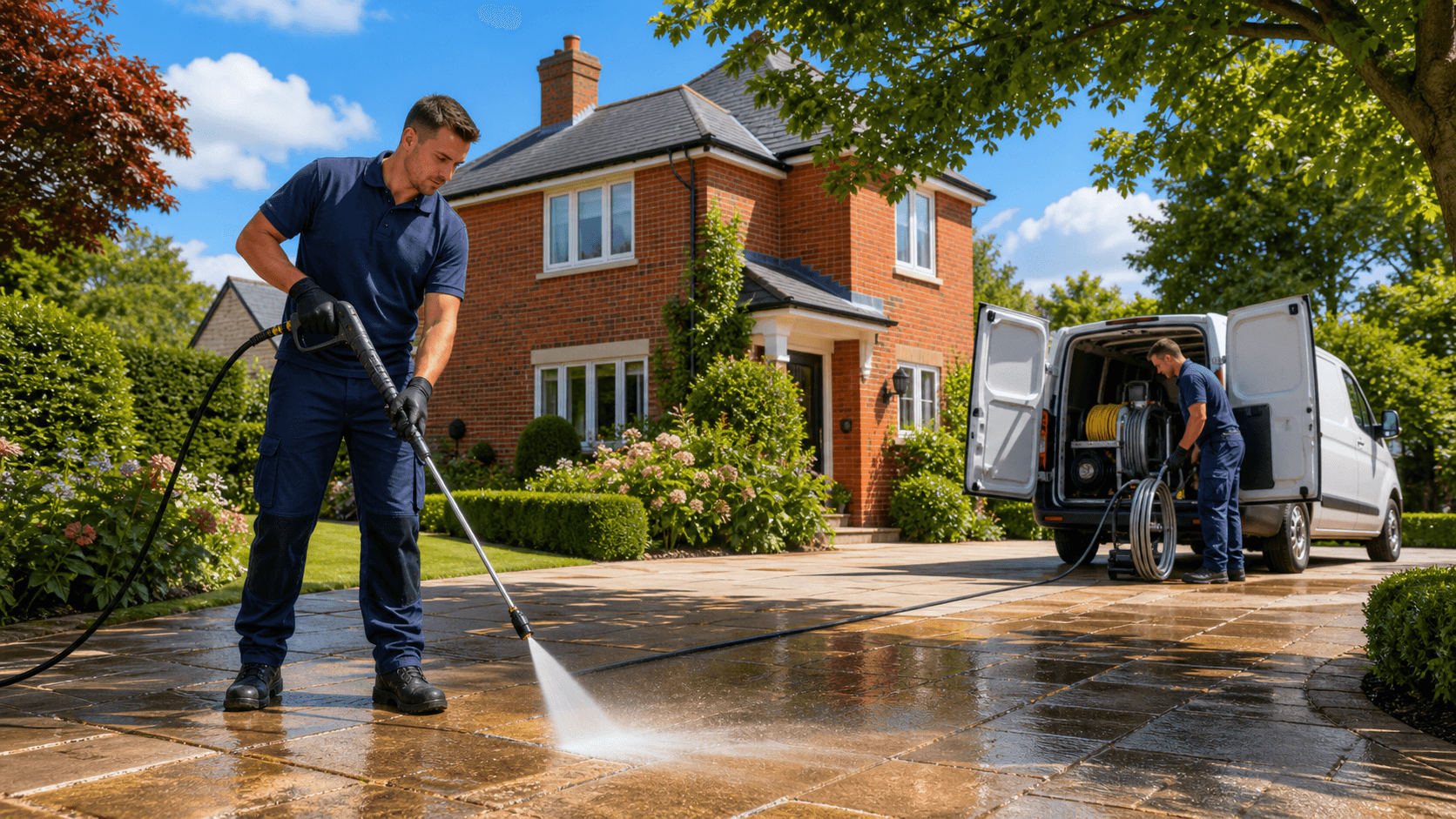 Sunlit patio being pressure washed, with a worker spraying stone paving beside lush green garden plants.