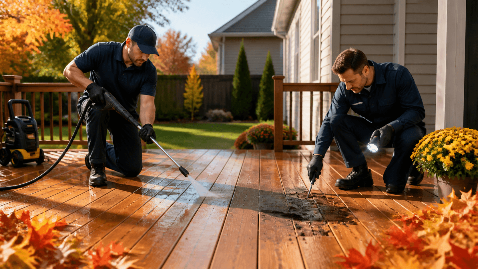Autumn leaves surround a wet wooden deck as a worker pressure washes weathered boards in warm sunlight.