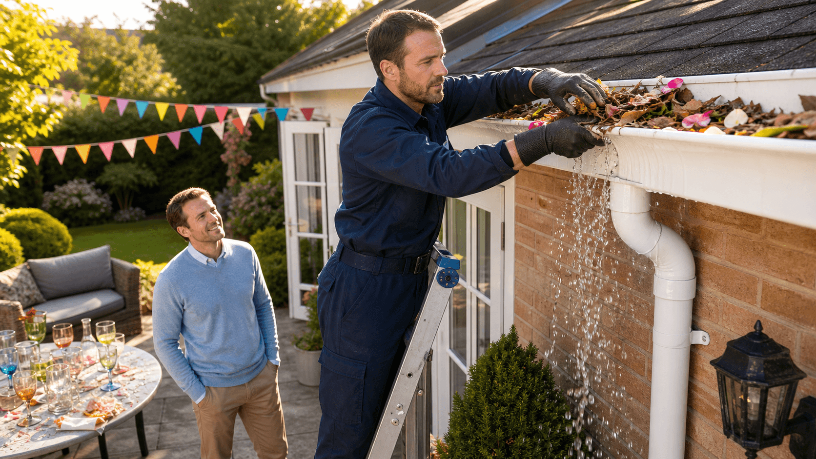 Rainwater overflowing from a clogged gutter above a garden patio with scattered party cups and bunting.