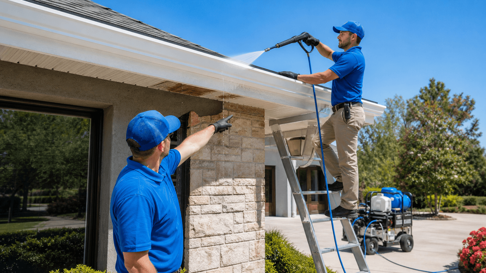 Close-up of white fascia boards being cleaned beneath a roofline under clear blue skies.