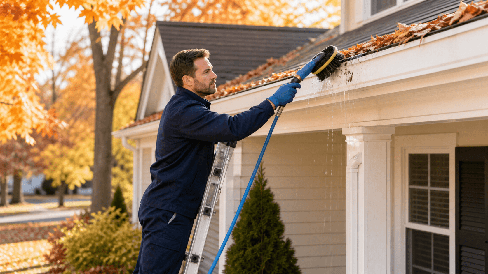 Worker cleaning white roof fascia beside autumn leaves under a clear blue sky