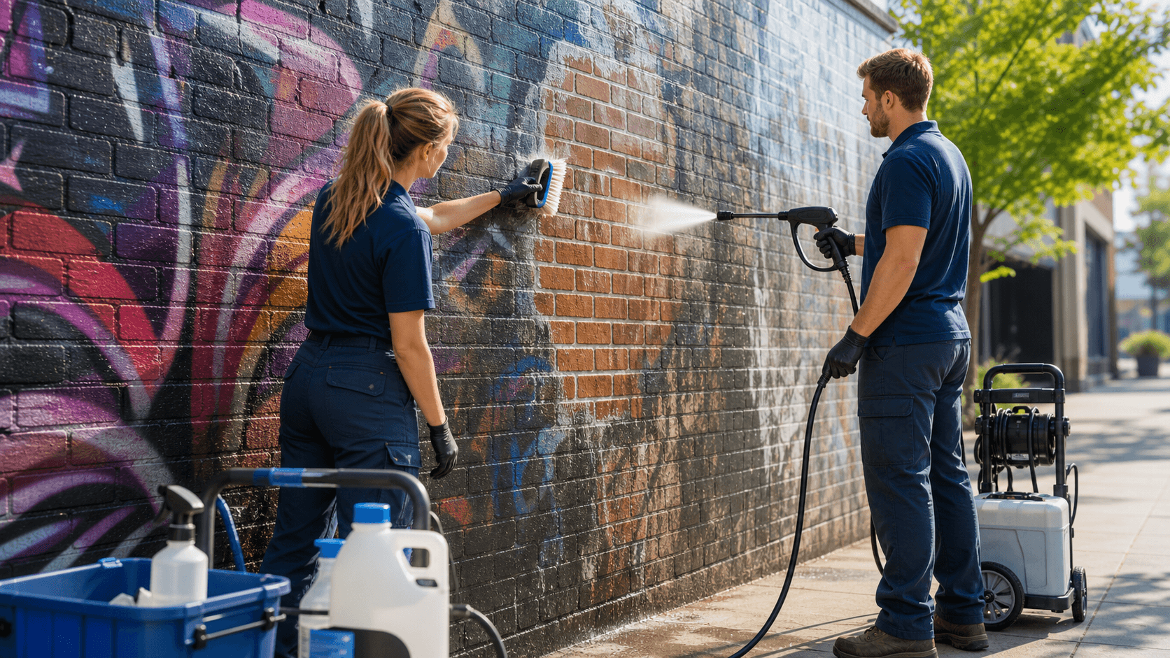 Colorful graffiti covers a weathered exterior wall beside a worker using a pressure washer.