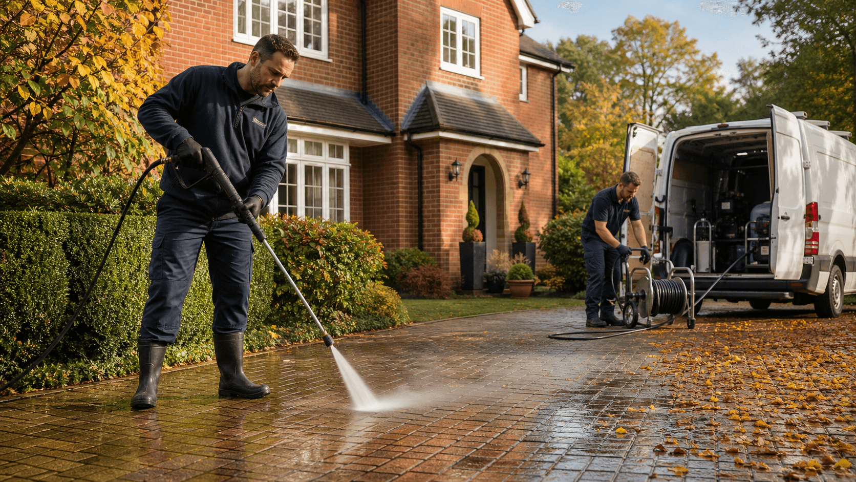 Worker pressure-washing a brick driveway beside a red-brick home under golden autumn trees.