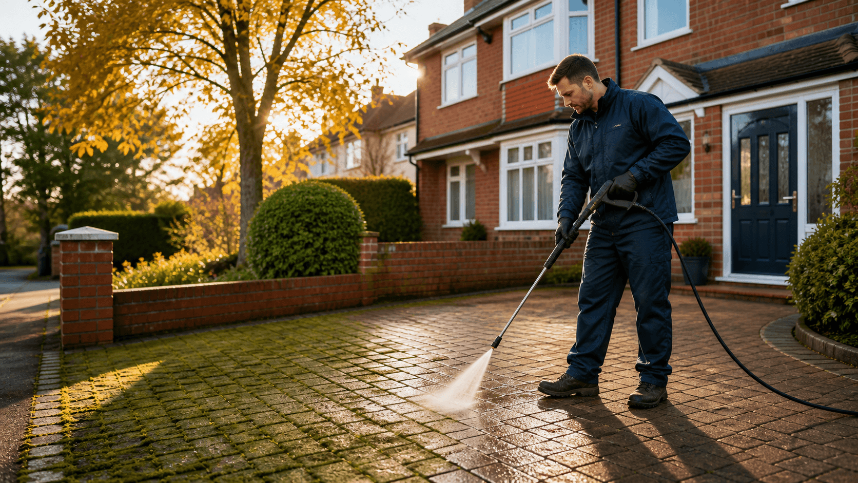 A worker pressure washes a mossy driveway beside a brick house on an overcast day.