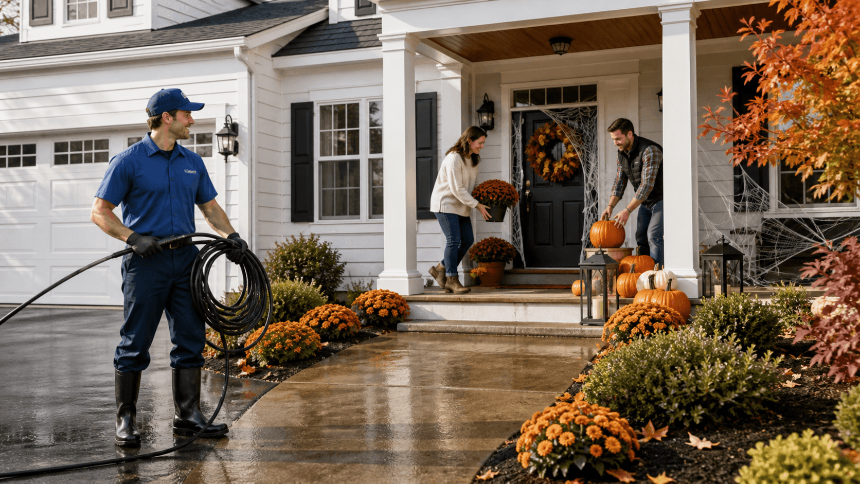 A pressure washer cleans a leaf-covered driveway beside pumpkins and Halloween decorations at dusk.