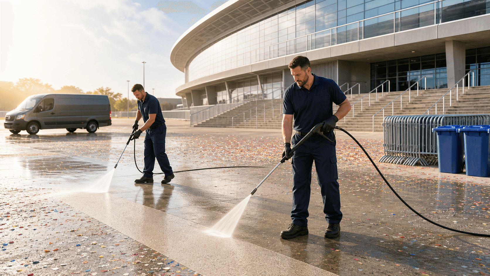 Worker pressure washes litter-strewn pavement beside colorful festival tents in bright daylight.