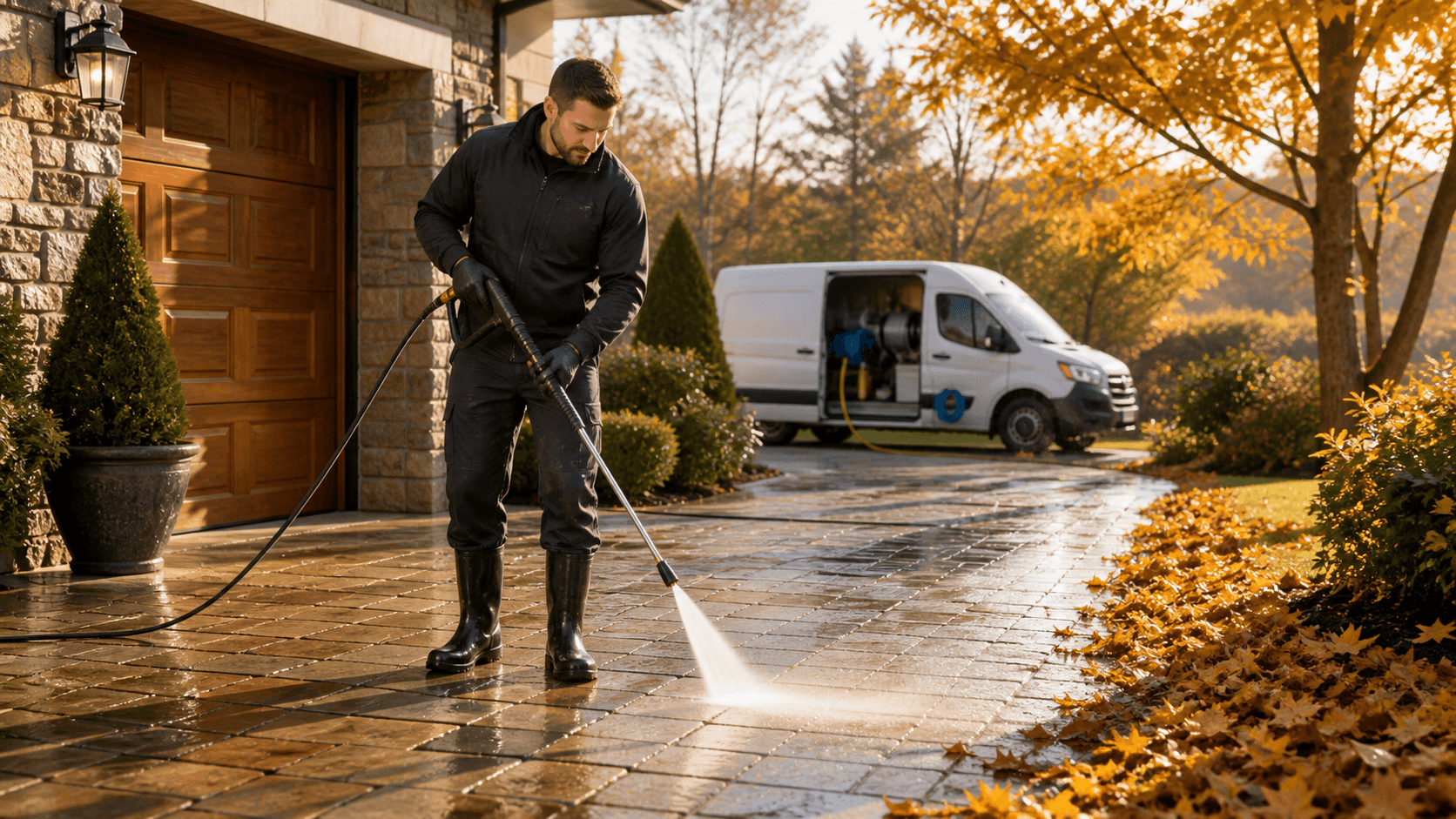 Worker pressure-washing a leaf-strewn driveway, with bright water spray and autumn trees in the background.