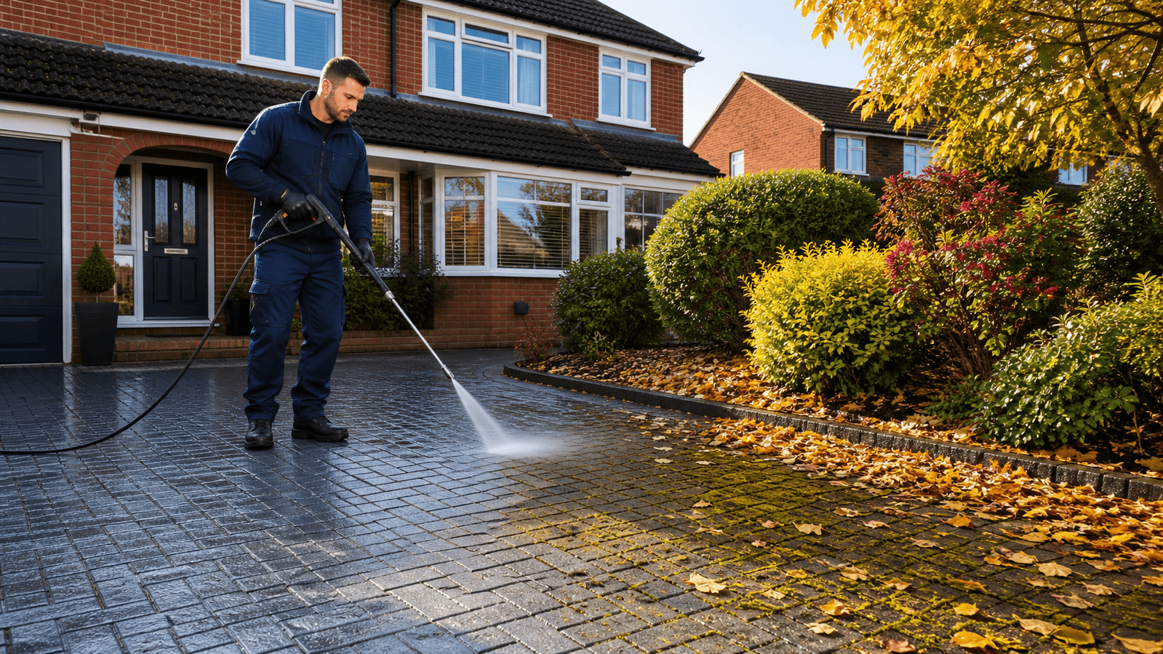 Pressure washer cleaning a mossy stone patio beside a red brick home in warm late-summer light