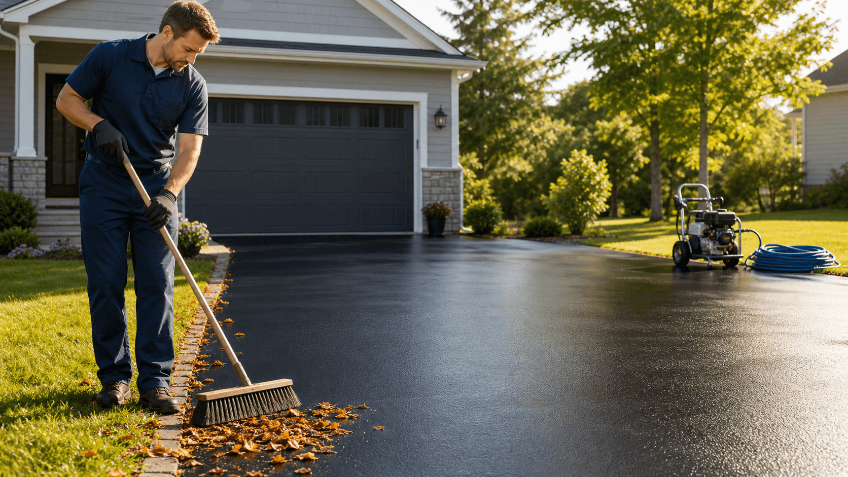 Freshly resealed black asphalt driveway gleams in sunlight beside a green lawn and brick home.