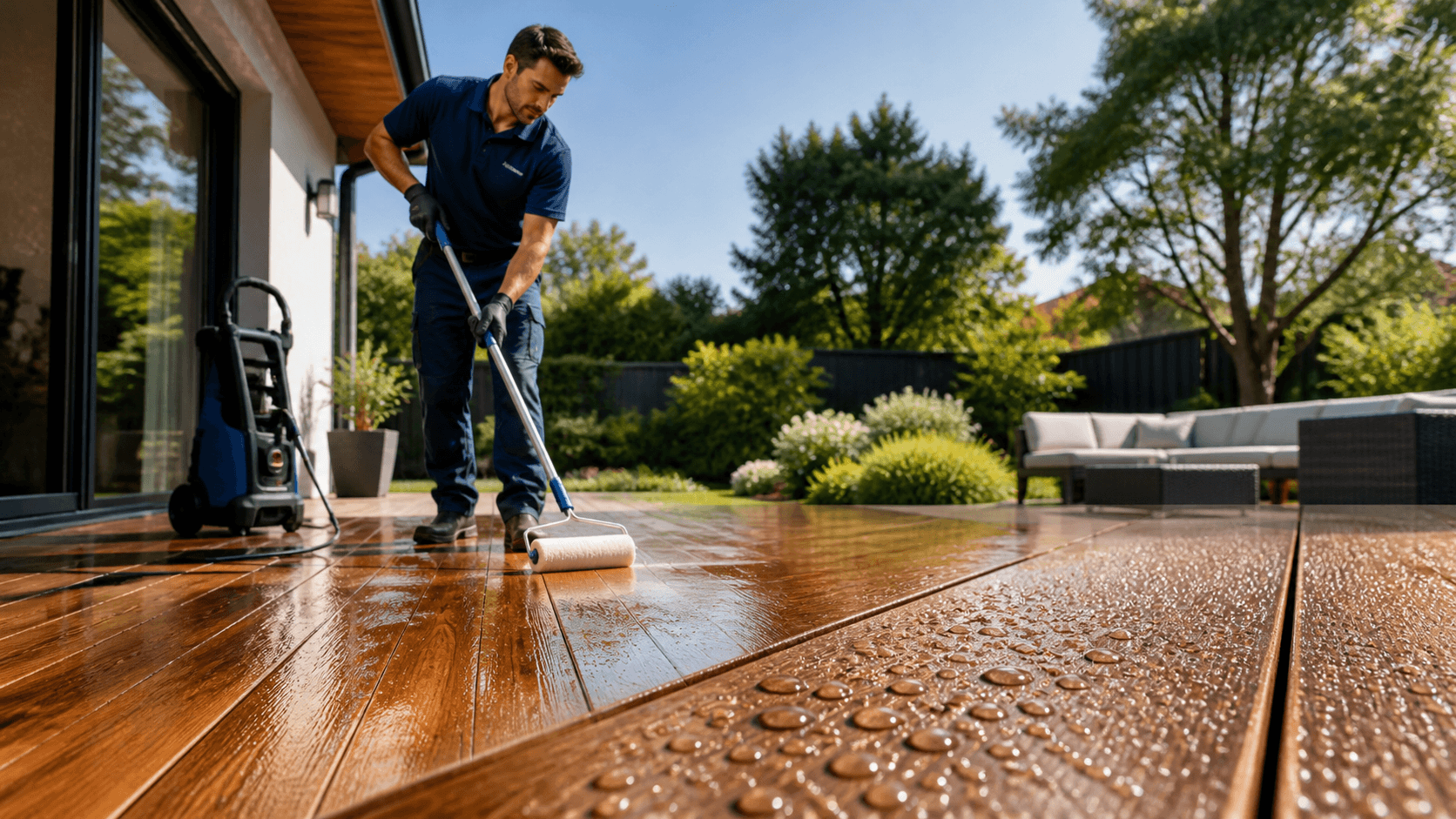 Weathered wooden deck with dark algae patches beside a pressure washer in bright daylight.