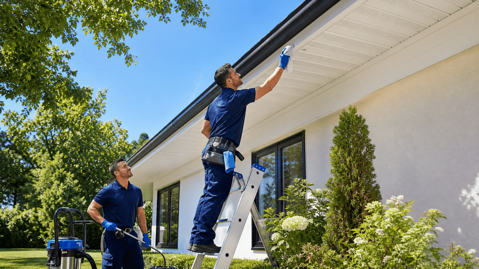 Close-up of white soffit vents being cleaned with a brush beneath a sunlit roofline.