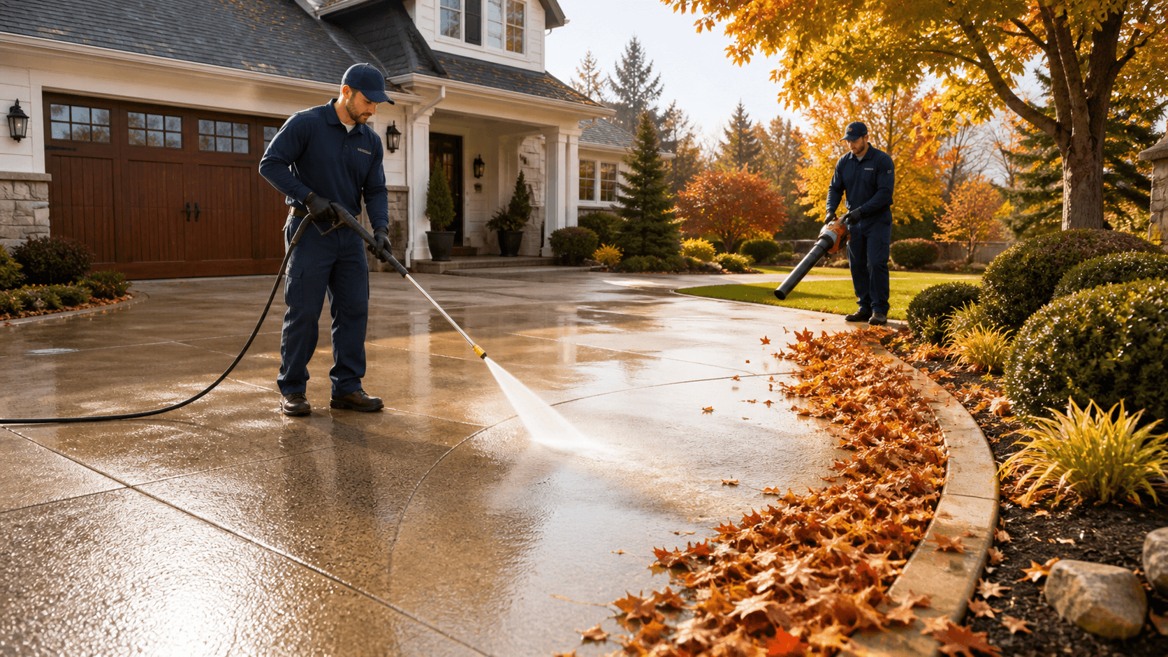 Pressure washer clears wet orange leaves from a sunlit concrete driveway beside green shrubs.