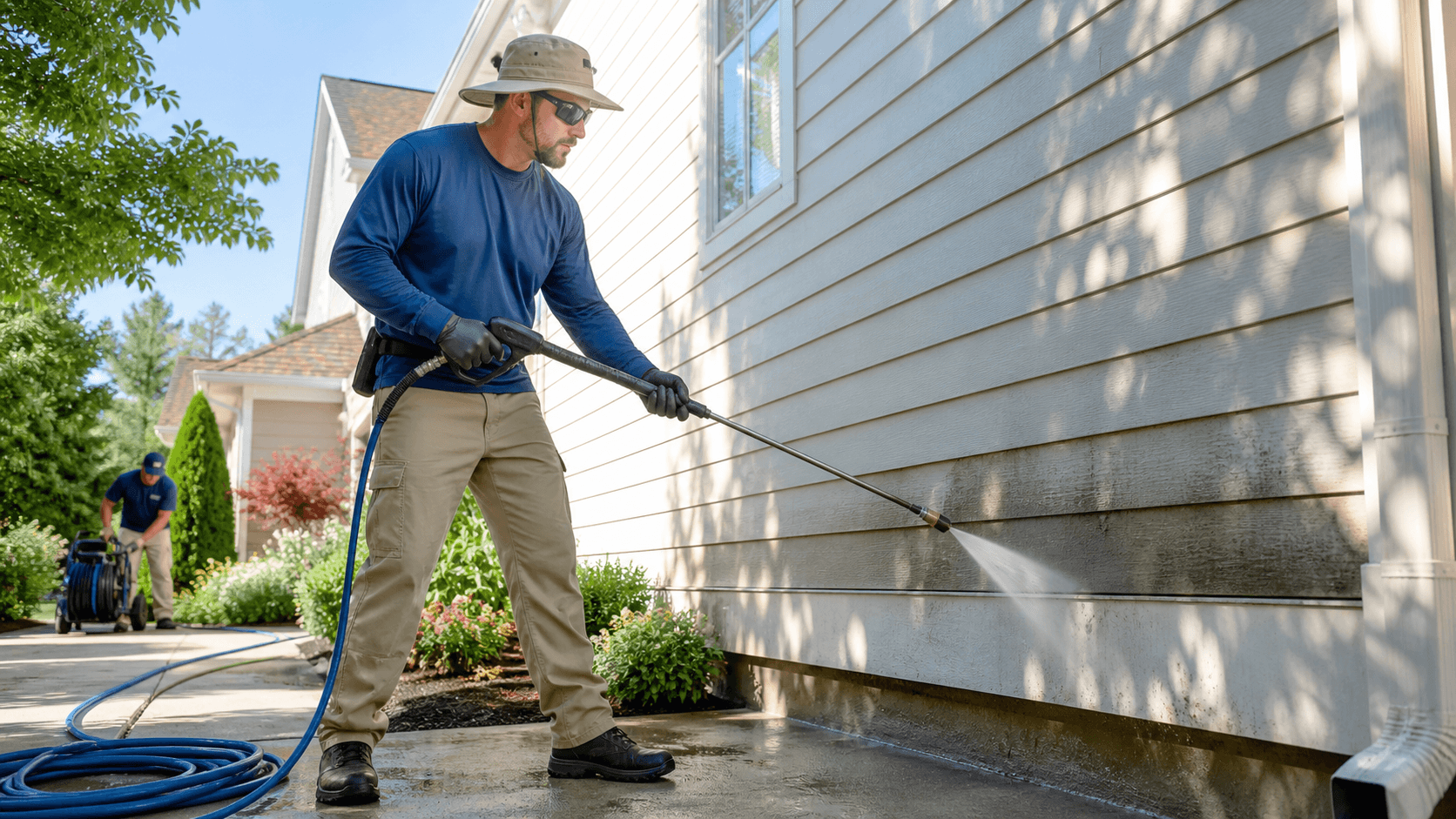 Worker pressure washes a sunlit home exterior beneath a bright late-summer sky.